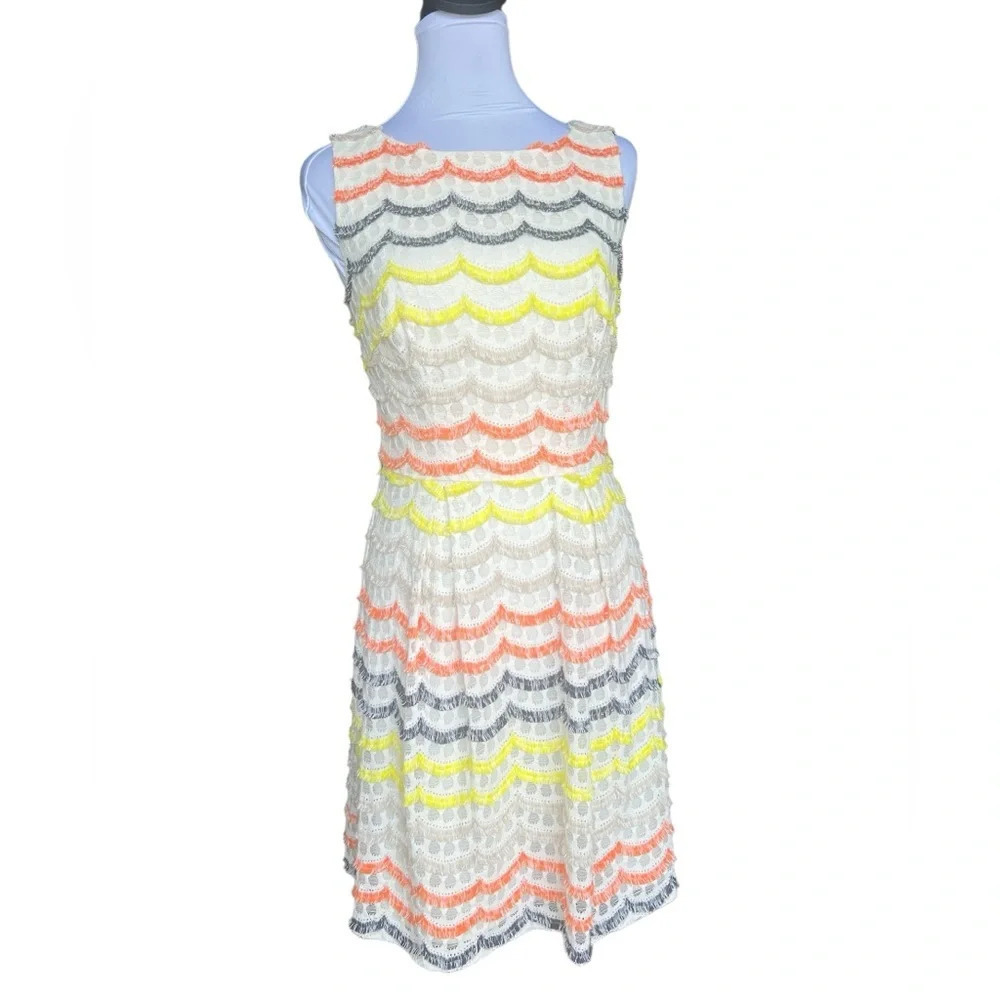 Trina Turk Size 2 Chevron Lace Fit and Flare Dress White Yellow Orange Gray
